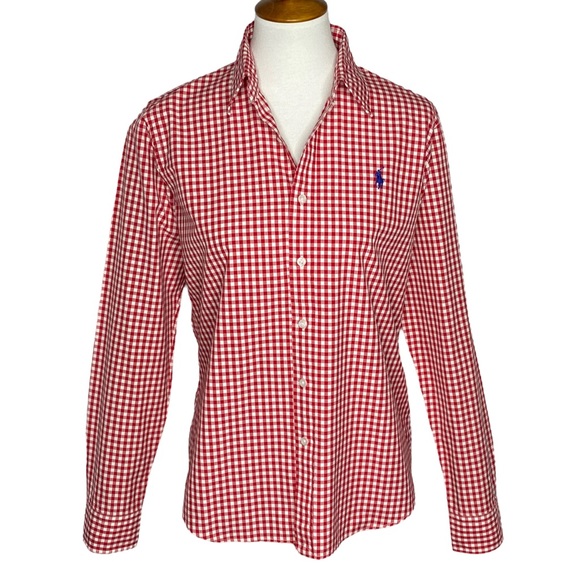 Ralph Lauren Tops - Ralph Lauren Sport Top Red White Gingham Plaid Button Front Shirt Size 14